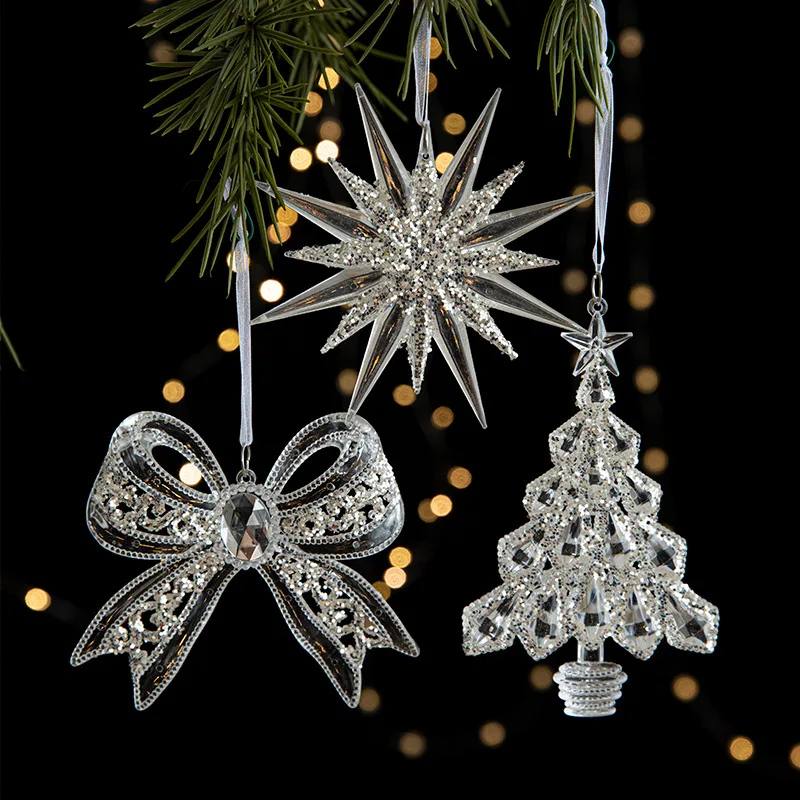 Christmas Tree Decoration Ornaments Transparent Acrylic Shiny Star Bowknot Tree Hanging Pendants Xmas New Year Party Home Decor