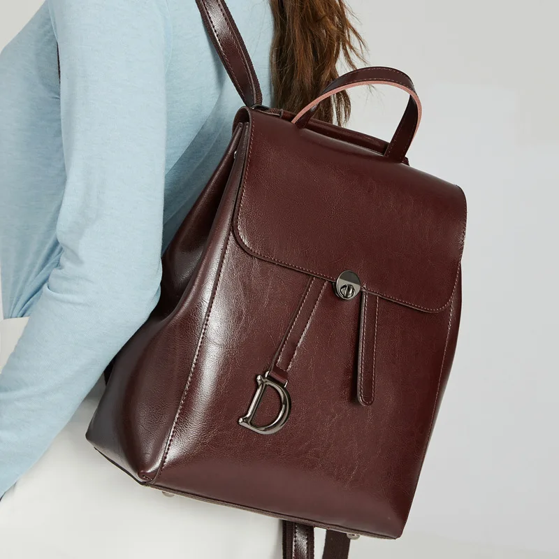 2024 New Oil Wax Cowhide Women\'s Backpack Women\'s Genuine Leather Bag Fashion Backpack Mini Leather Handbags Shoulder Bags