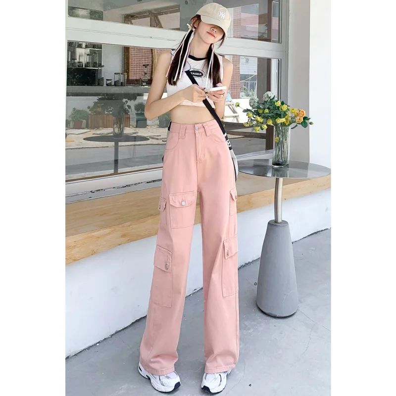 Women's Clothing Pink Jeans Solid Denim High Waisted Vintage American Y2K Style Straight Wide Leg Pants NEW Female Khaki Pants