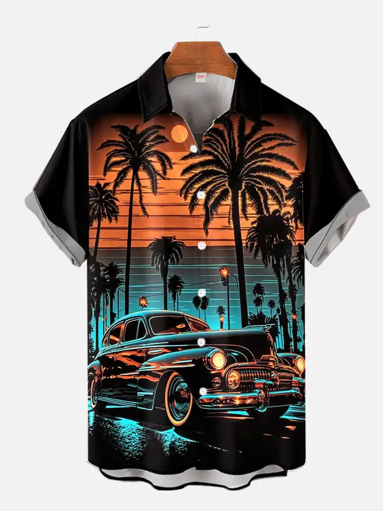 1970S-1980S Vintage Car Poster Hawaiian Beach Cowgirl Printing Short Sleeve Shirt Fashion Retro Hawaiian Shirt For Men Top