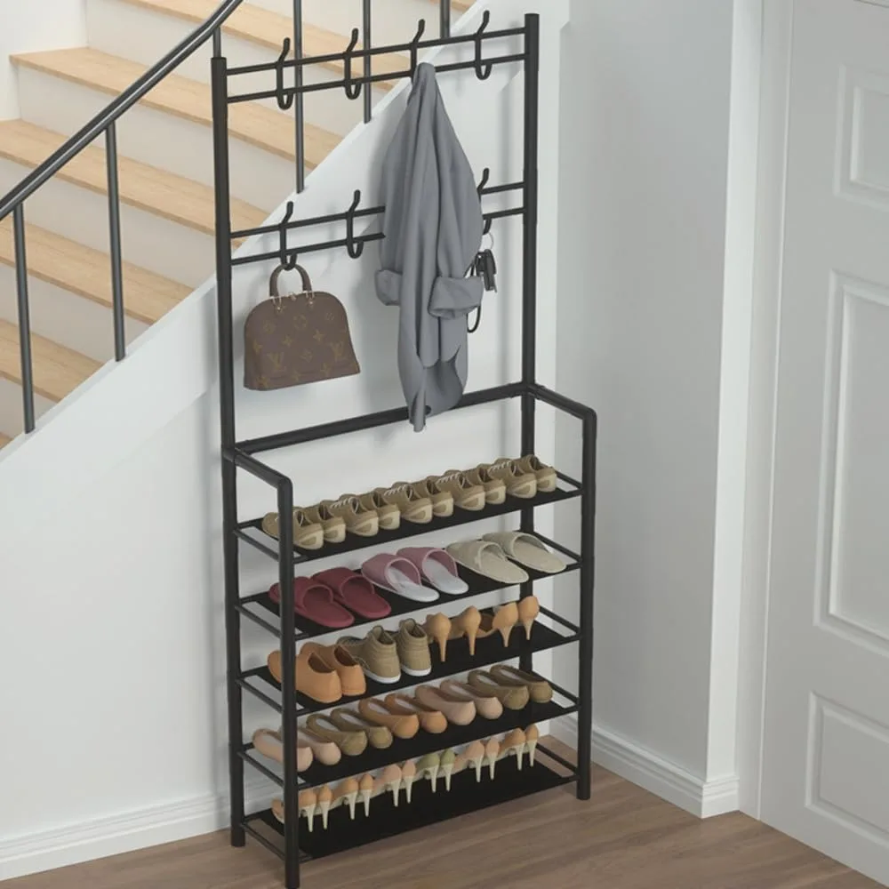 Shoes Rack Floor-Standing Clothes Hanger With Hooks Simple Bedroom Shelf Doorway Footwear Holder Dustproof Sneakers Organizer