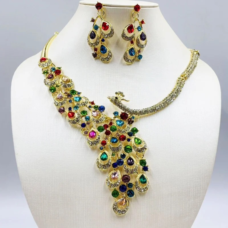 

Europe and America New Full Diamond Colorful Gemstone Peacock Necklace Earring Set Bridal Dress Accessories