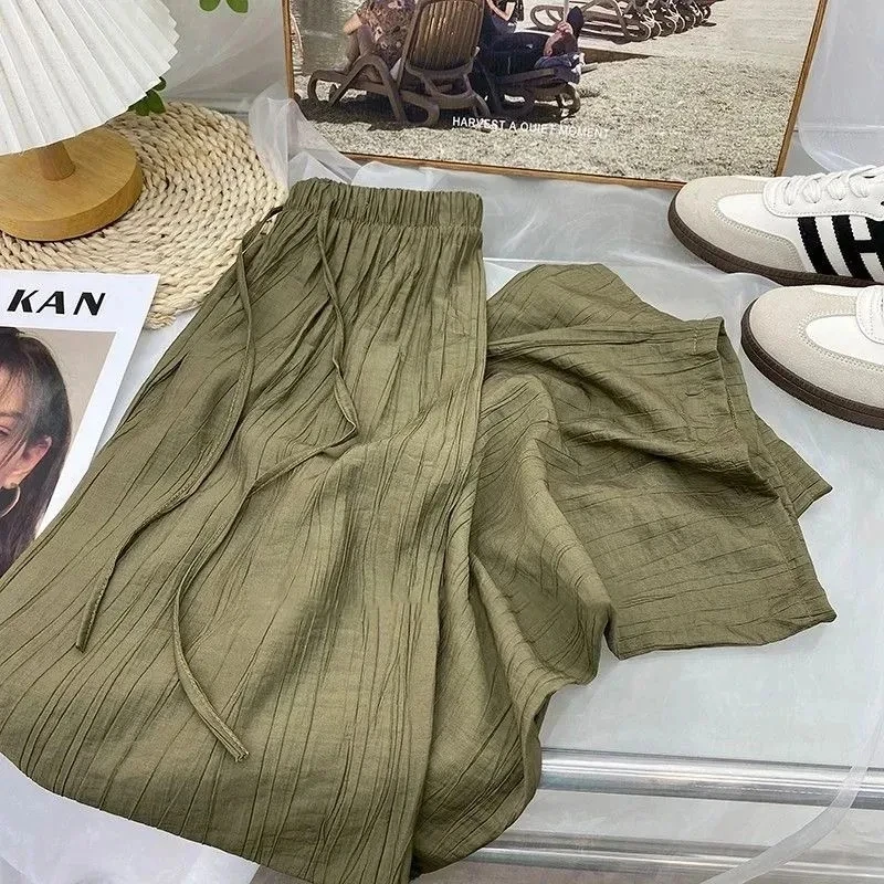 

Брюки женские корейские летние льняные плиссированные широкие легкие нефритовые ленты универсальные многослойные удобные модные Y2K