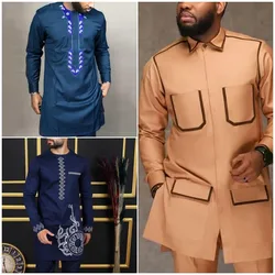 Kaftan masculino define rosa bolso terno gola calças superiores kaunda terno único breasted smoking outfits homem terno de casamento casual 2 pçs ternos