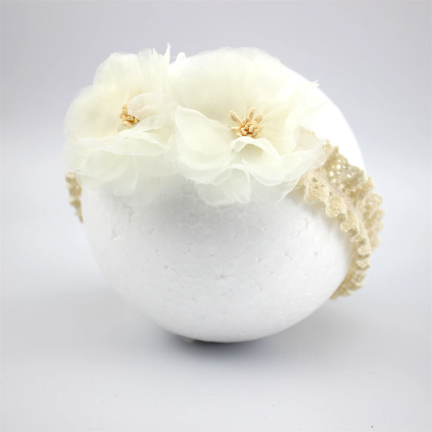 Koreanischen Stil Weiß Chiffon Blumen Stirnband Baby Mädchen Haar Zubehör Kleine Prinzessin Haar Blume Headwrap Neugeborenen Spitze Turban – Detail 7