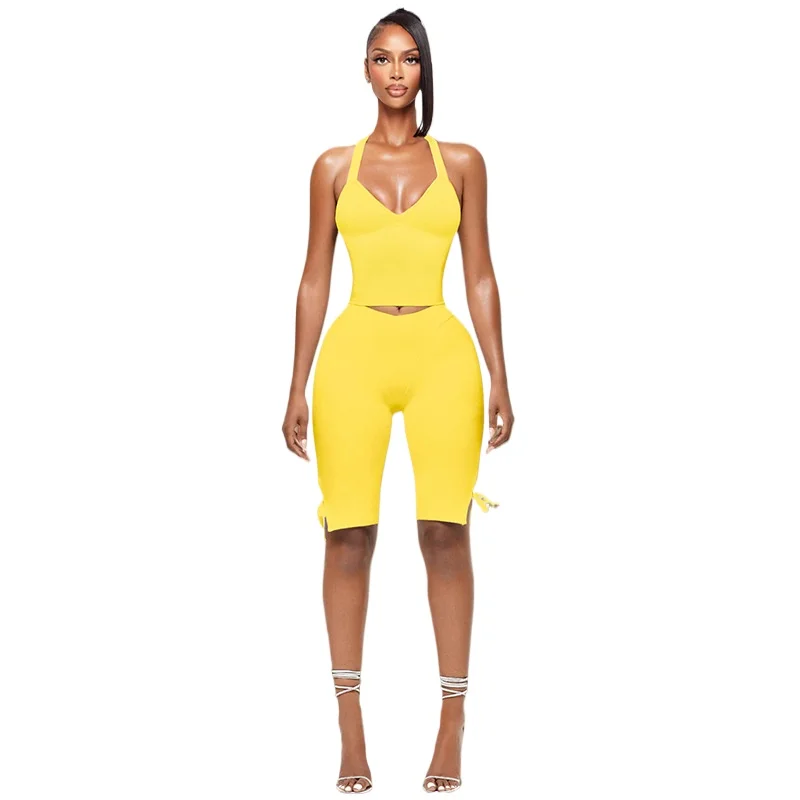 Customized LOGO women's clothing spring and summer neck strap tube top backless bow pants edge two-piece set