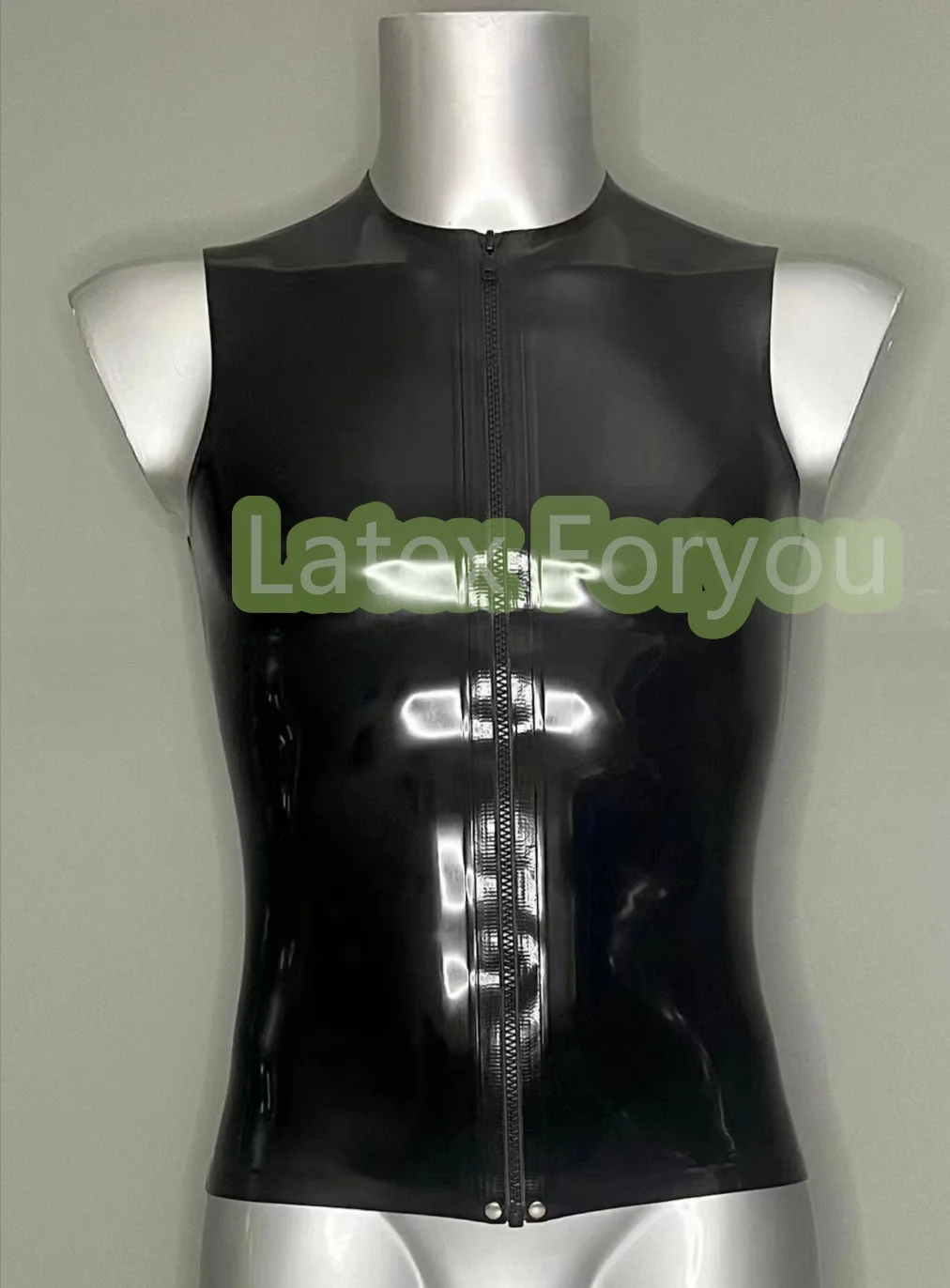 100% Natural Latex Men SleevesLess Crew Neck Front Long Zip Shirt Sexy Bodysuit Men Latex Gummi Rubber Basic Top