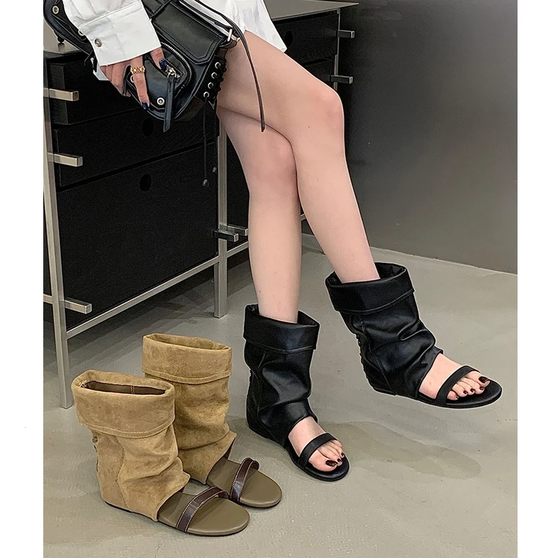 

Korean Style Summer New Khaki Color Women's Roman Sandals Hollow out Toe Boots Short Fashion Boots Embroidery Design Casual S...