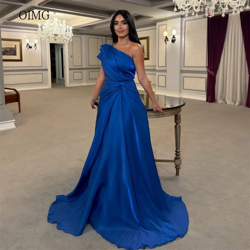 OIMG Royal Blue Strapless A Line Prom Gowns Sleeveless Pleated Party Gown Floor Length Evening Dress vestidos de gala Customized