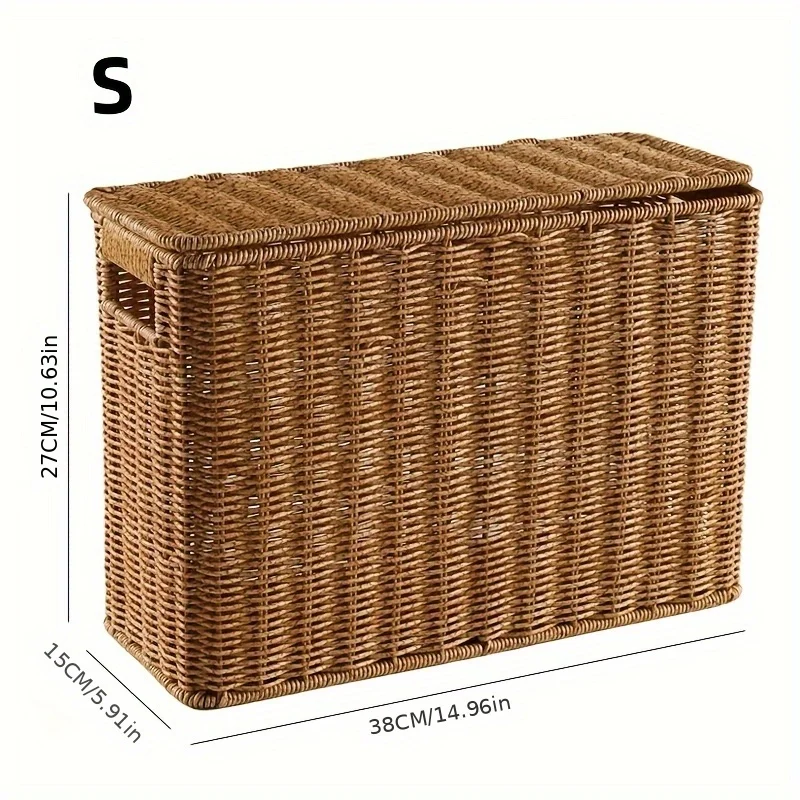 1 قطعة صندوق تخزين ضيق طويل القامة مغطى من الروطان المنسوج على الطراز الشمالي ، مادة البولي ايثيلين ، سلة مجلة موفرة للمساحة للزوايا ، حواف الأريكة