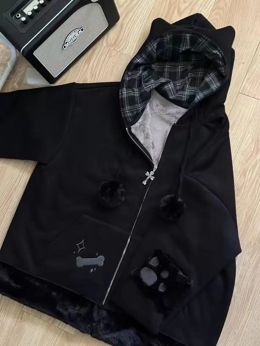 Subculture y2k Millennium-sudaderas de gato negro para mujer, Sudadera con capucha con orejas de gato empalmadas a cuadros, Top holgado informal de terciopelo, otoño/invierno