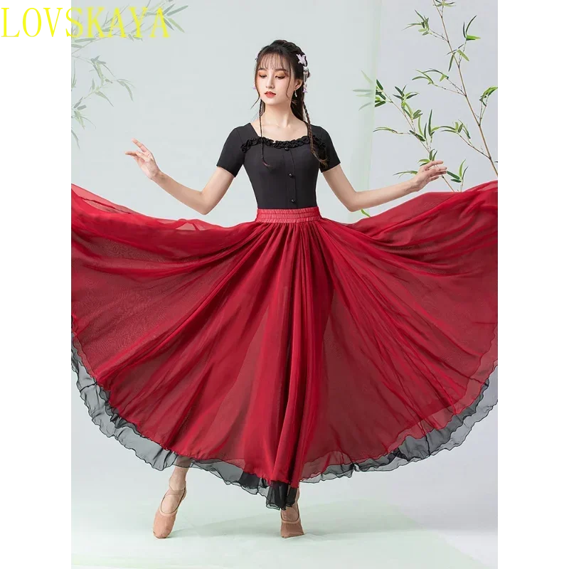 Classical Dance Costume Professional Modern Dance Hall Dance Practice Short sleeved Top Large Swing Yarn 720 Degree Skirt