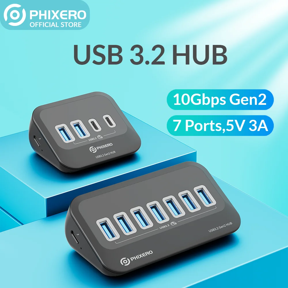 

PHIXERO 7 Ports USB HUB 3.2 Docking Station Hub Type C 10Gbps Splitter Switch Dock Multi Port SD Card Socket for Macbook Laptop