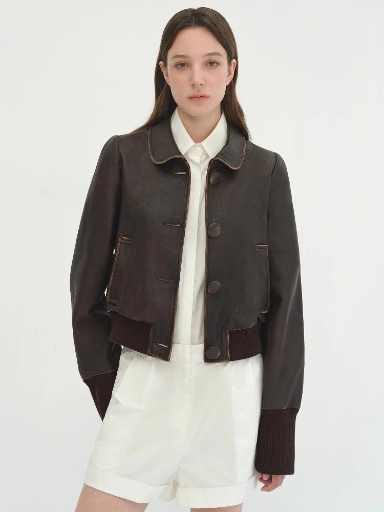 Vintage Kurze Echtes Leder Jacken für Frauen Frühling Herbst High-end-Einfache Schlank Einreiher Echt Schaffell Bomber Mantel