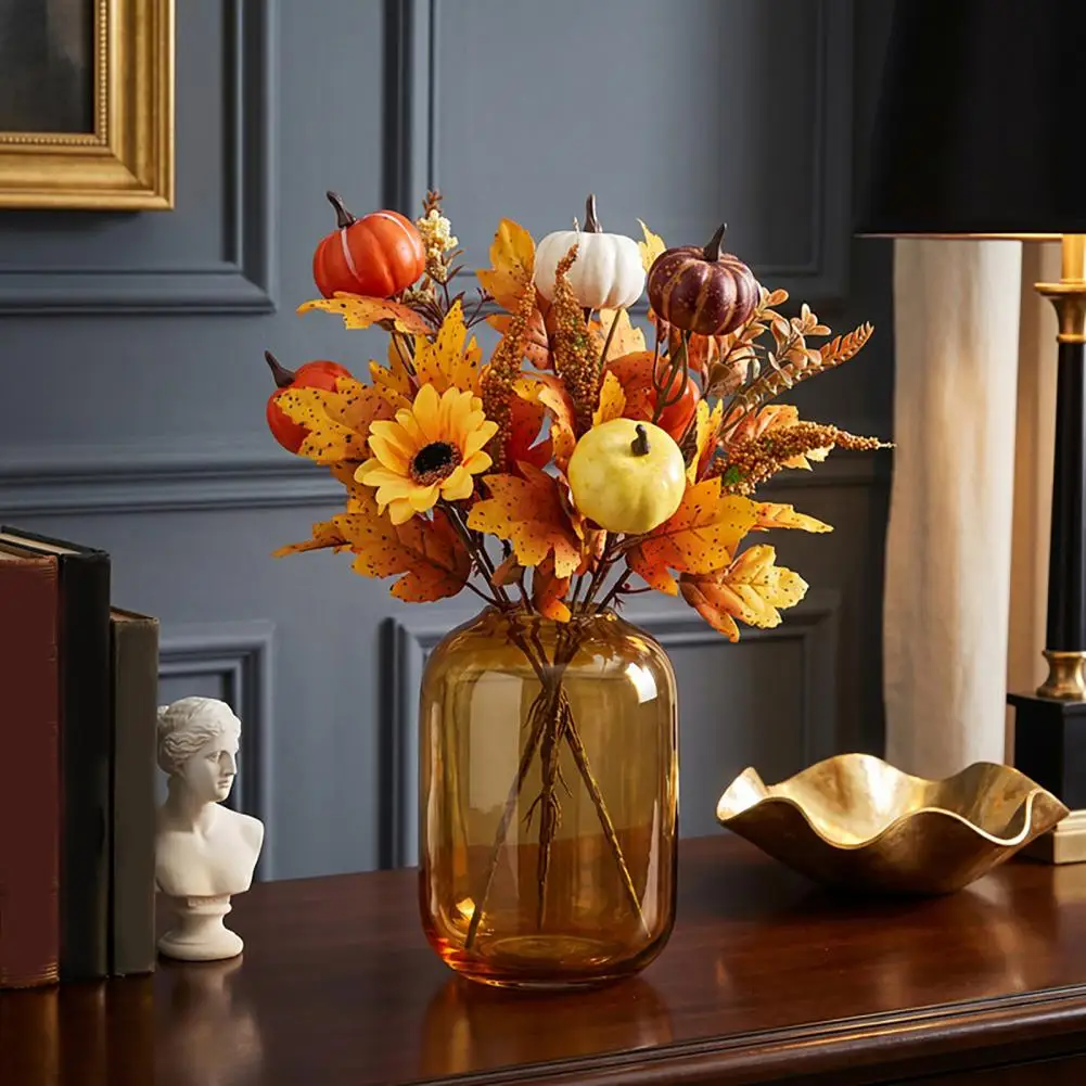Durable Fabric Fall Flowers Artificial Fall Bouquet with Fabric Pumpkins Maple Leaves Wheat Berries Seasonal Floral Arrangement