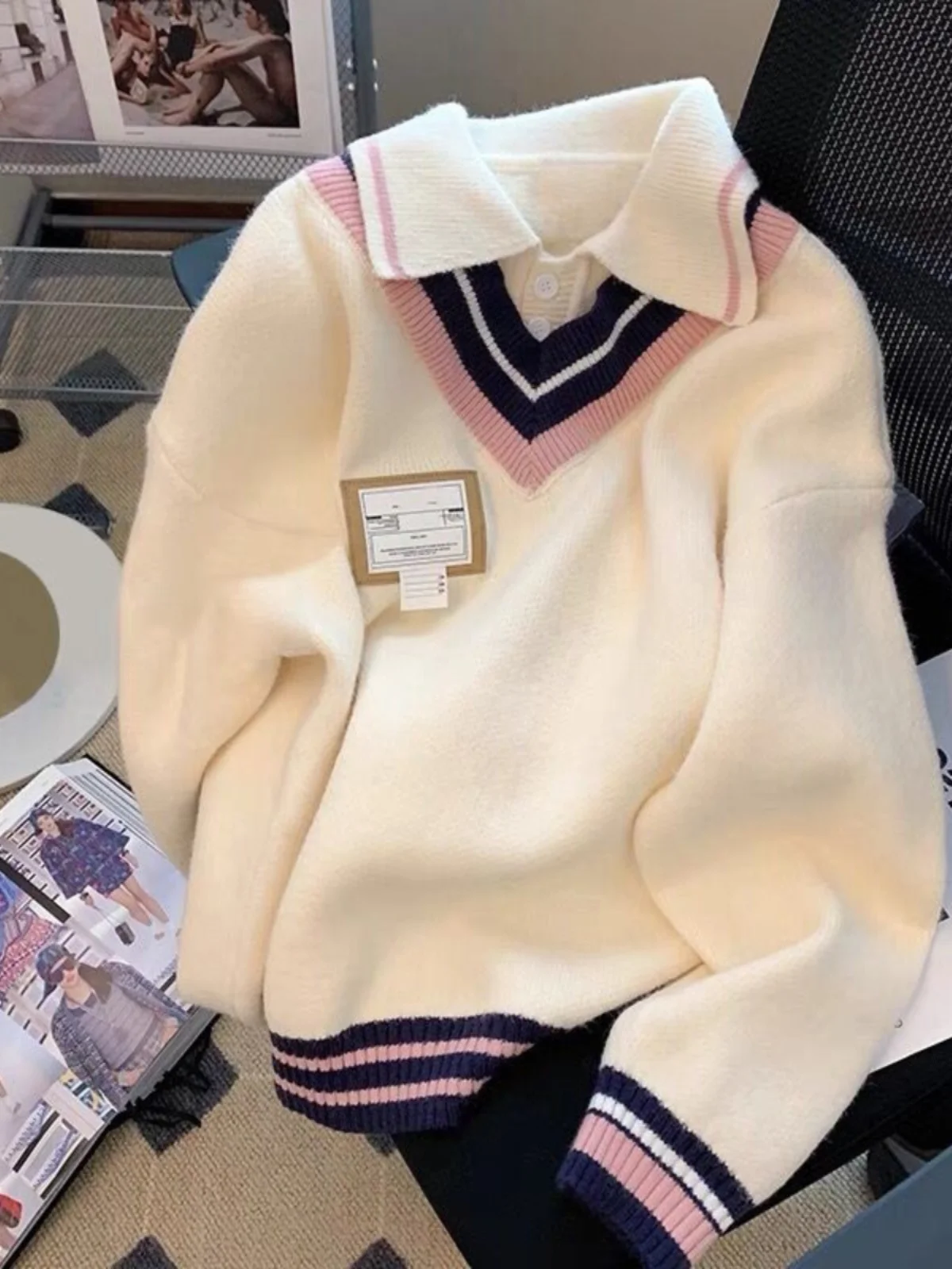 

Autumn Winter Thiened Loose Base Layer Outerwear Knitted Sweater Fake Two-Piece Girl's Faion Commute Sle Long Sve Po...