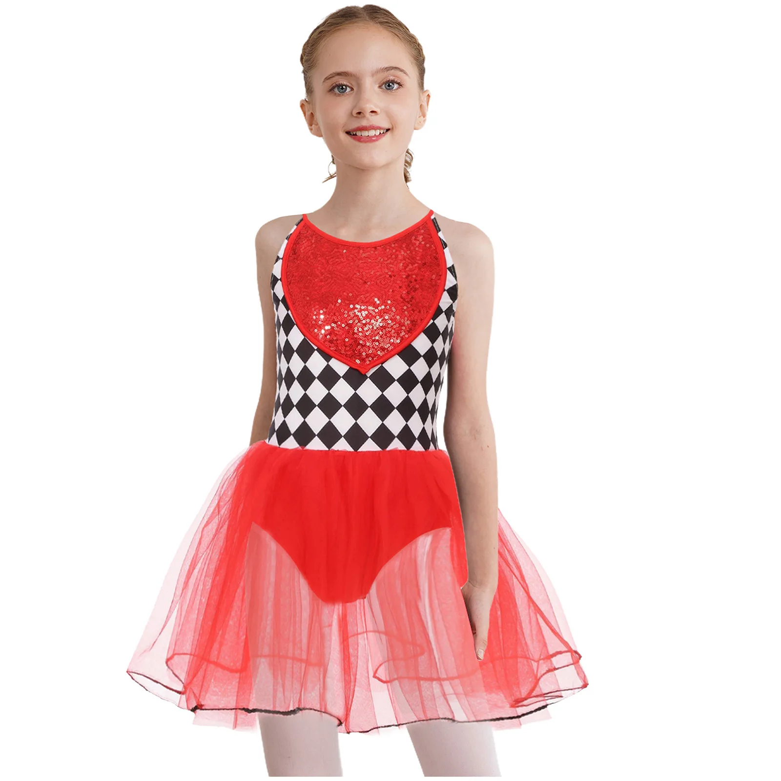 

Girls Movie Character Cosplay Costume Clown Cami Dress Sequins Checkerboard Dance Tulle Dress for Halloween Role Play Dress Up