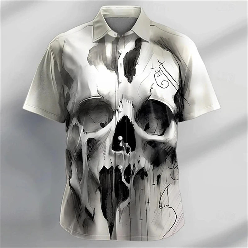 

Halloween Costume Men Skull Print Shirt Button-Up Short-Sleeve Casual Shirt Outdoor Casual Summer Wear 3D Printed Collared Shirt
