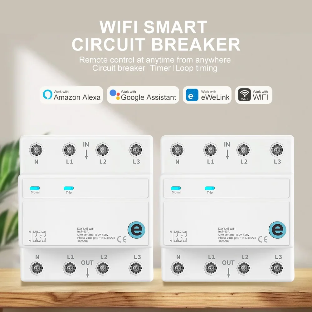 3P+N Ewelink Fernbedienung Smart Wifi Schutzschalter 1-63A DIN-Schienenmontage MCB 3 Relais Unterbrechungsschalter Verzögerungstimer Schalter – Detail 2
