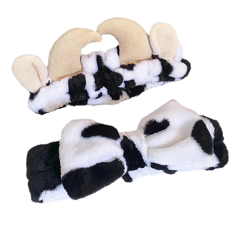 Spotted Pattern Wash Face Hair Holder Soft Flannel Animal Horns Bow Headband