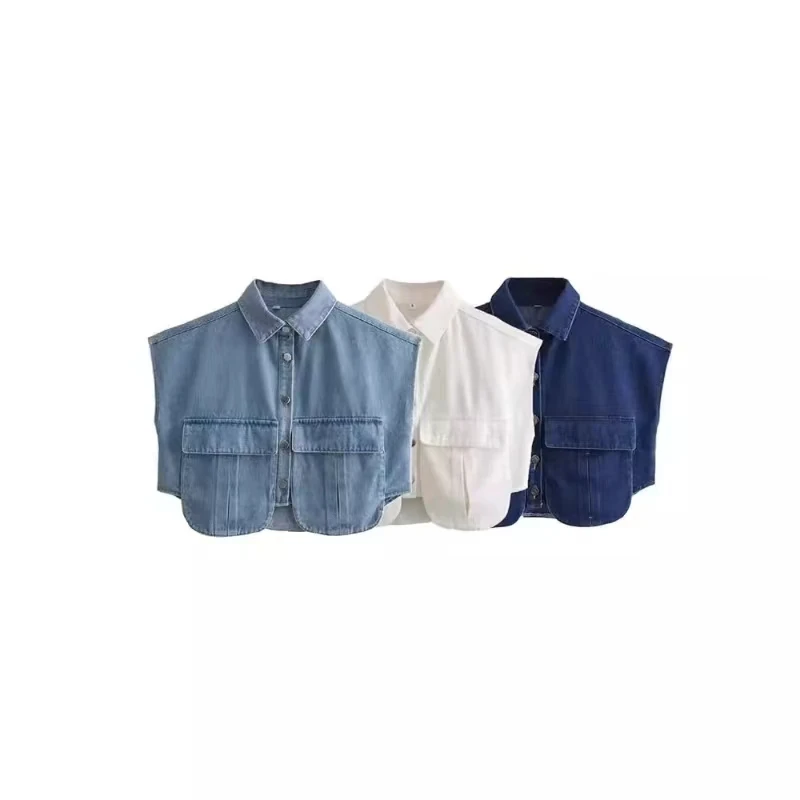 SIYANG Women Fashion With Pockets Cropped Denim Shirts Sexy Sleeveless Button-up Female Blouses Blusas Chic Tops