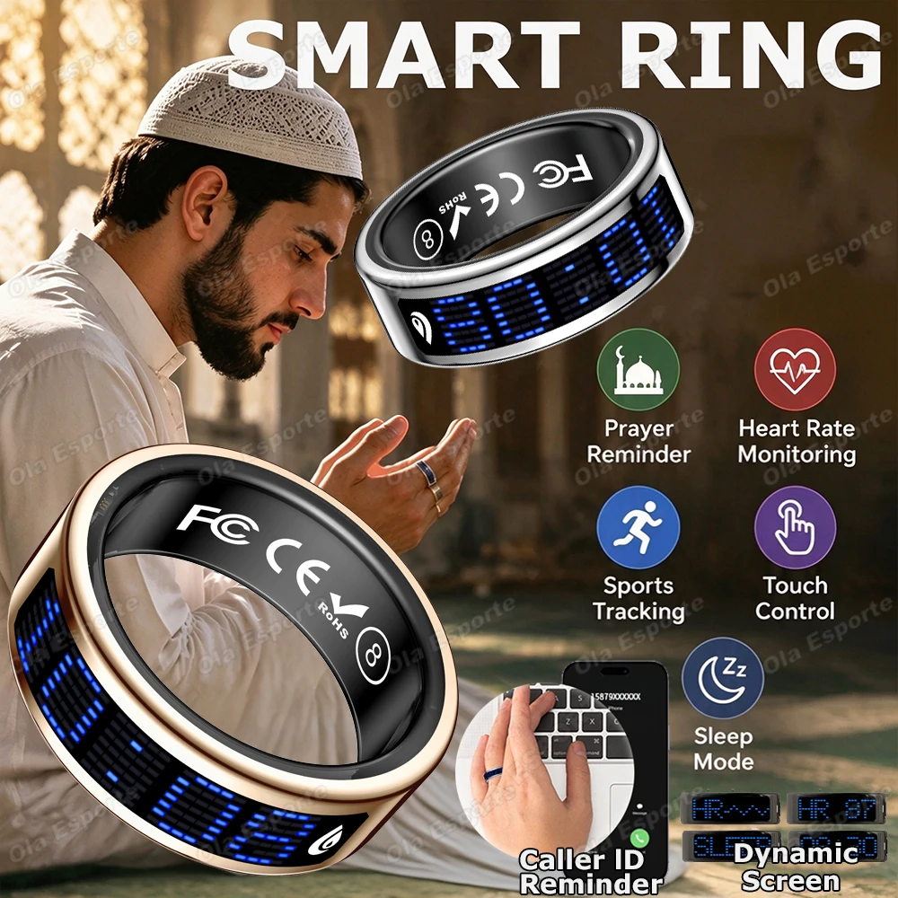 Dynamic Digital Screen Call ID Reminder Smart Ring Prayer Reminder Heart Rate GPS Motion Sleep Monitor Waterproof Smartring R12
