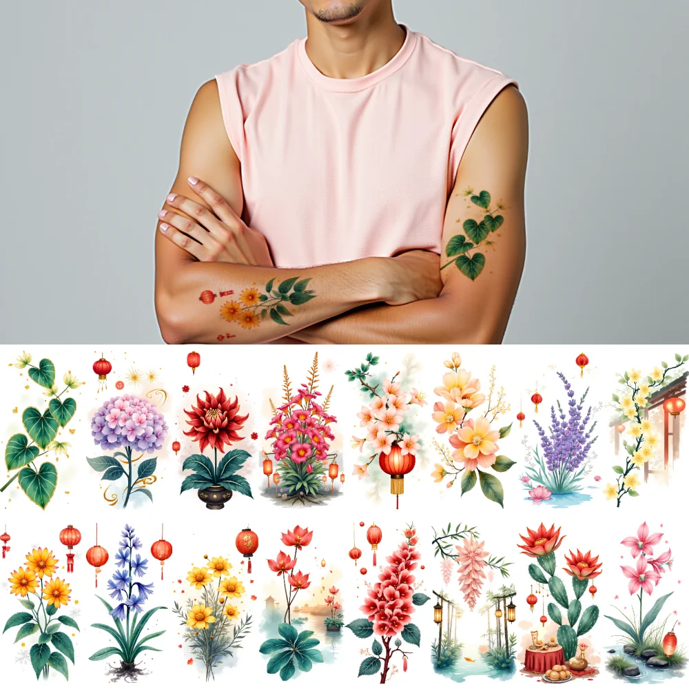 

9pcs Temporary Tattoo Lantern Illustrations Waterproof Long-lasting Body Stickers Flower Designs Watercolor For Children Arms