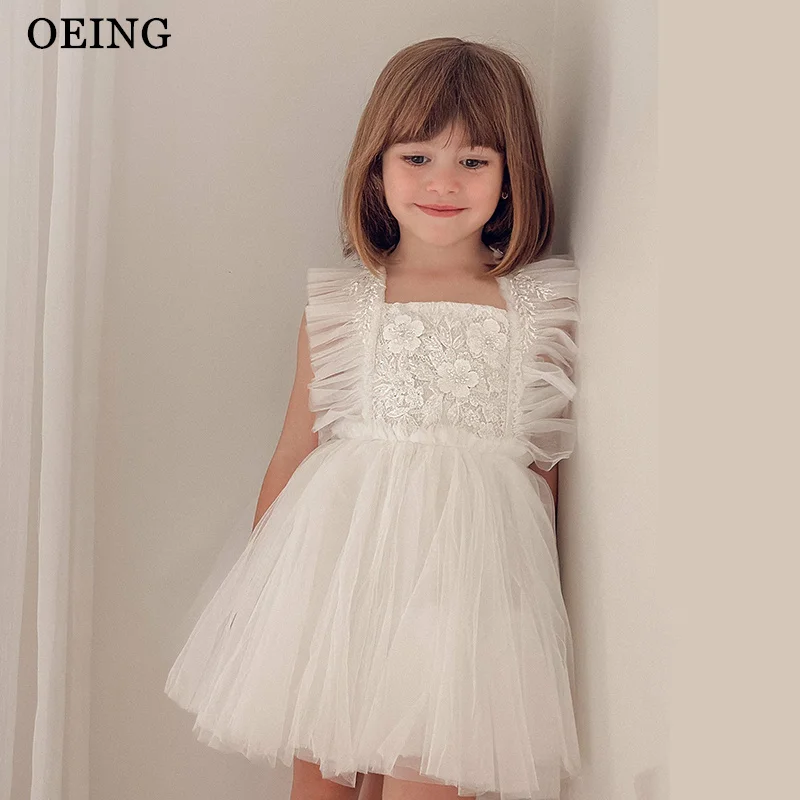 OEING Simple Ivory A-Line Flower Girl Dresses Princess Lace Ruffle Puffy Wedding Party Dress Girl Birthday Dress Customized