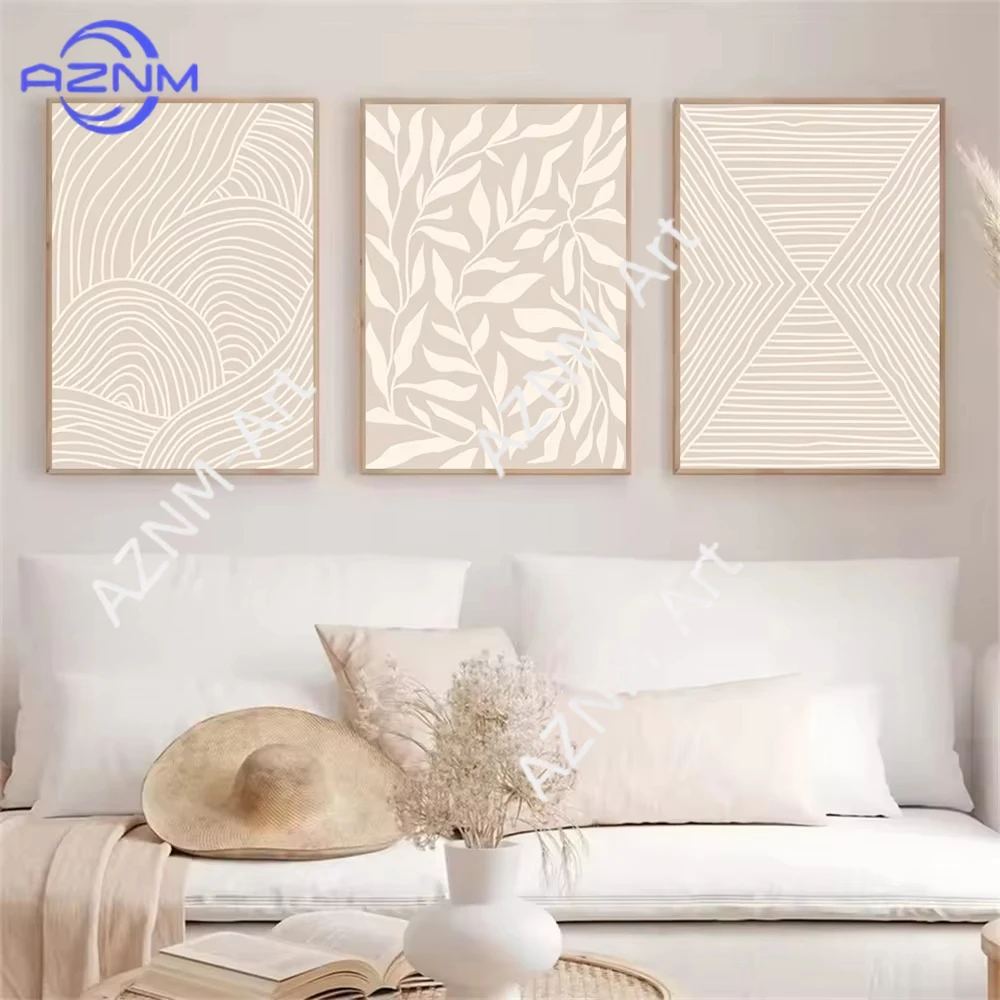 1/3 Stück Neutrale Abstrakte Beige Blätter Linien Leinwandgemälde Geometrische Pflanzenmuster Poster Bohemian Wandkunst Druck Raumdekoration