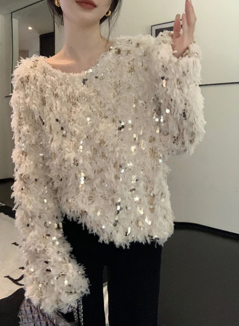 2024 New Year Female Clothes Beautiful Sequined Sweater Long Sleeve O-neck Fashion Women\'s Tassel Pullovers Sweet Lady Jackets