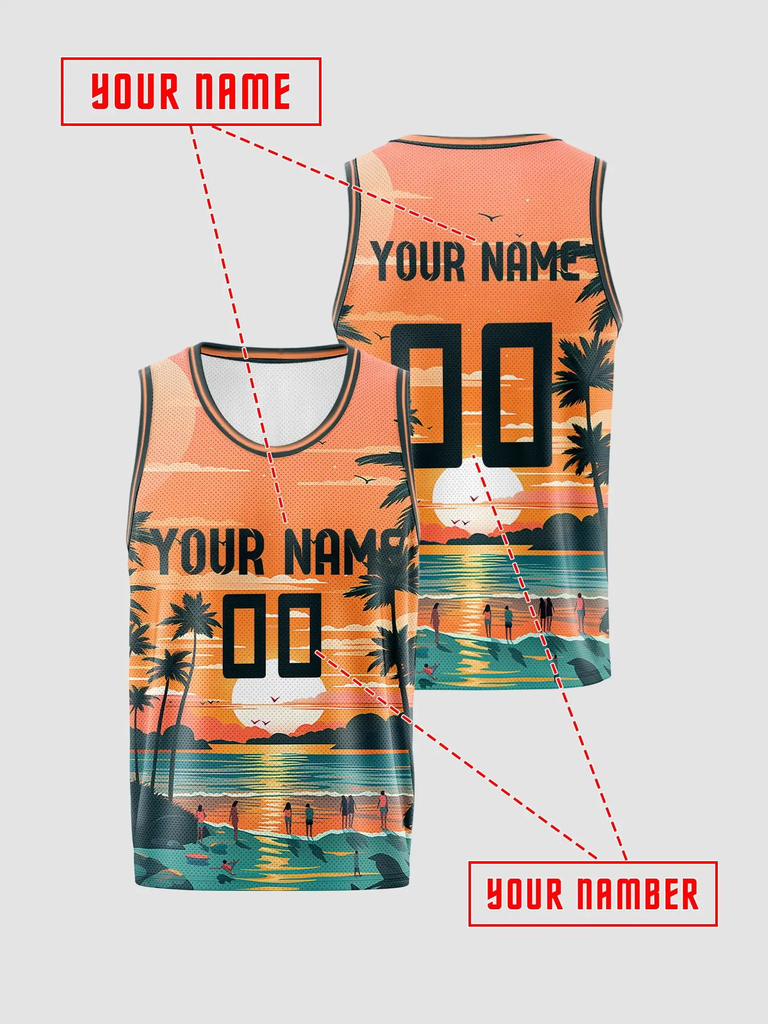 Sunset‑beach Palm‑print Custom Basketball Jersey, Trendy Breathable Quick‑dry Vest For Custom Name And Numbers