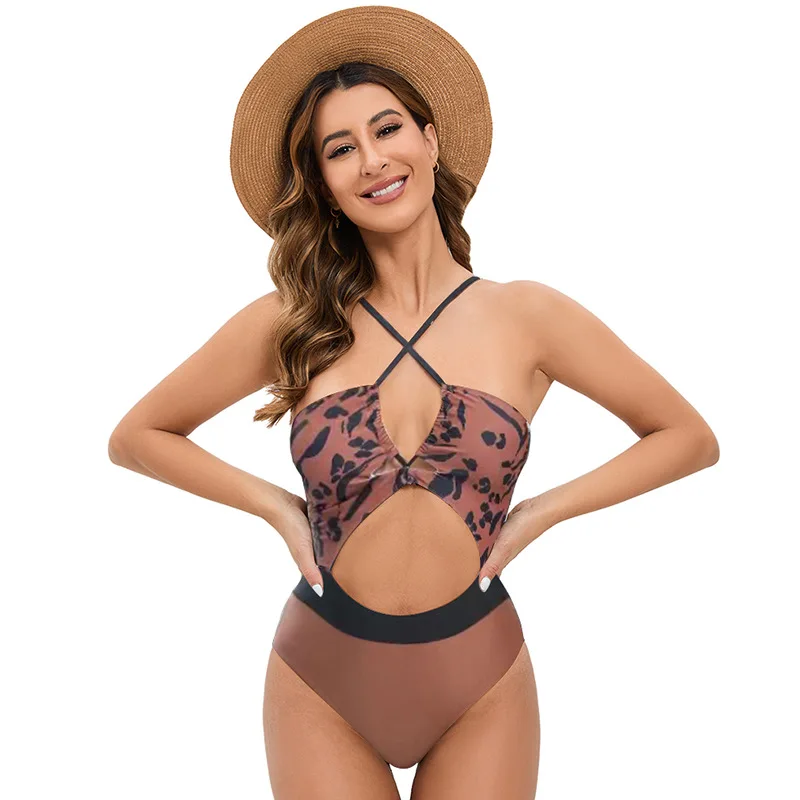 

2024 Leopard Sexy One Piece Swimsuit Women Halter Strappy Swimwear Cut Out Bathing Suits Beach Wear Monokini Swimming Suit Thong