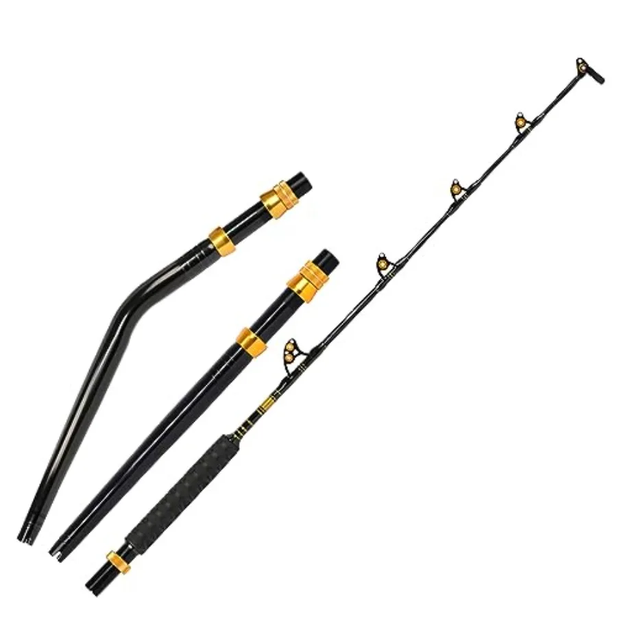 

Saltwater offshore trolling application, graphite composite material, black color, 2-piece bent butt design for enhanced levera