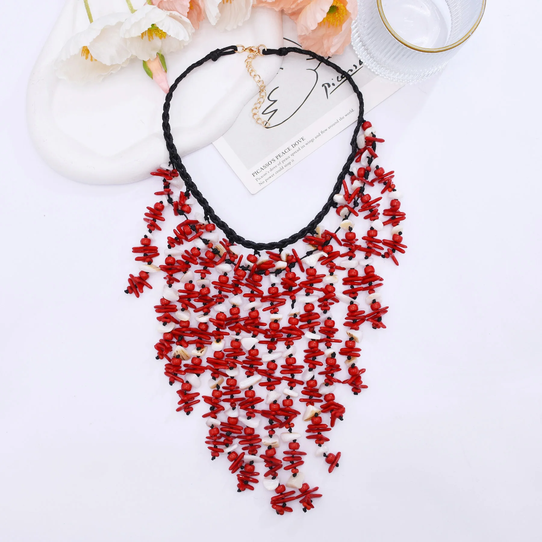 

New Trendy Red Coral Irregular Gravel Chain Tassel Pendant Necklace for Women Exaggerated Multi-Layer Choker Jewelry Accessory