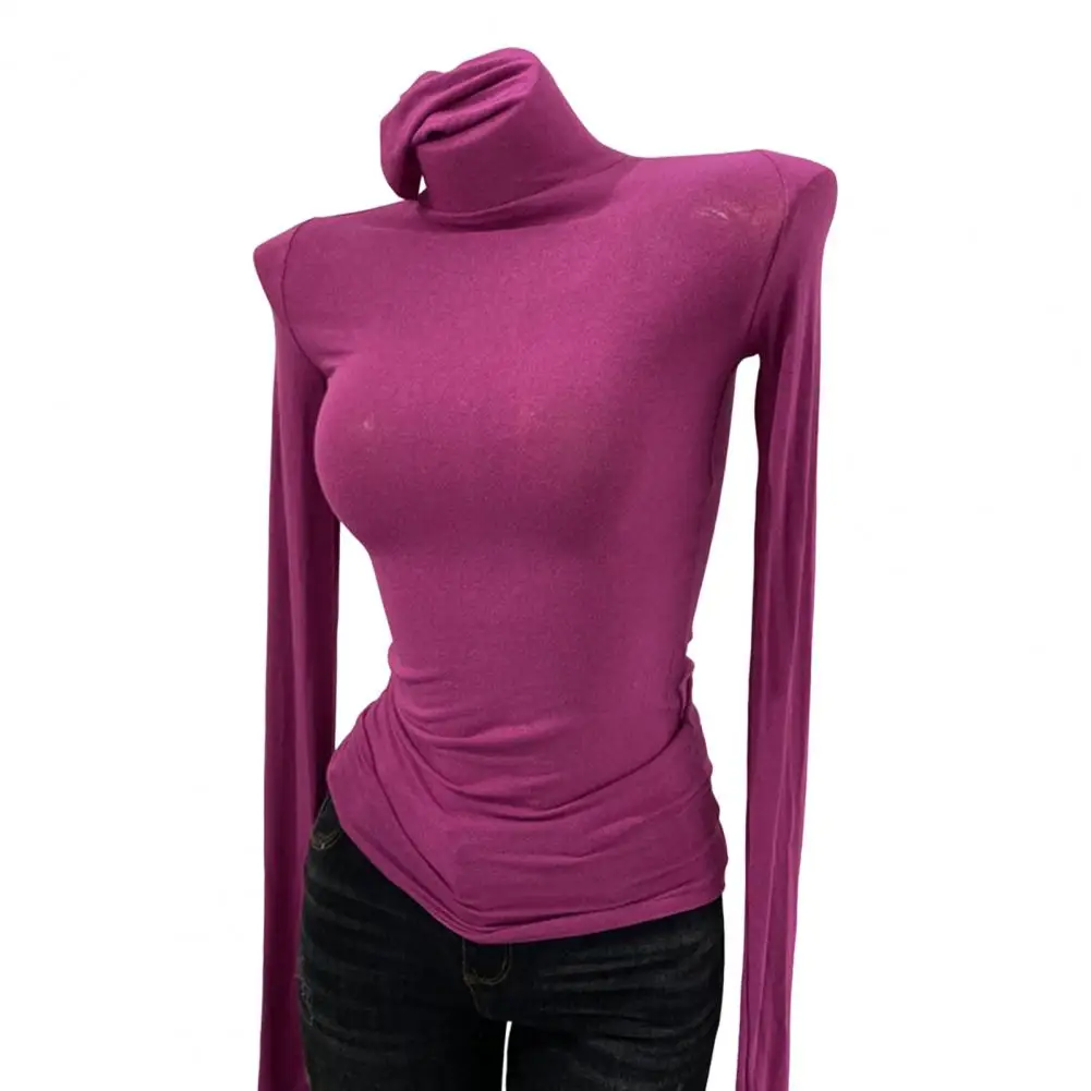 여성 하이넥 긴팔 슬림핏 베이스 셔츠 단색 탄성 셔츠 가을 겨울 베이스탑 섹시 스트릿웨어