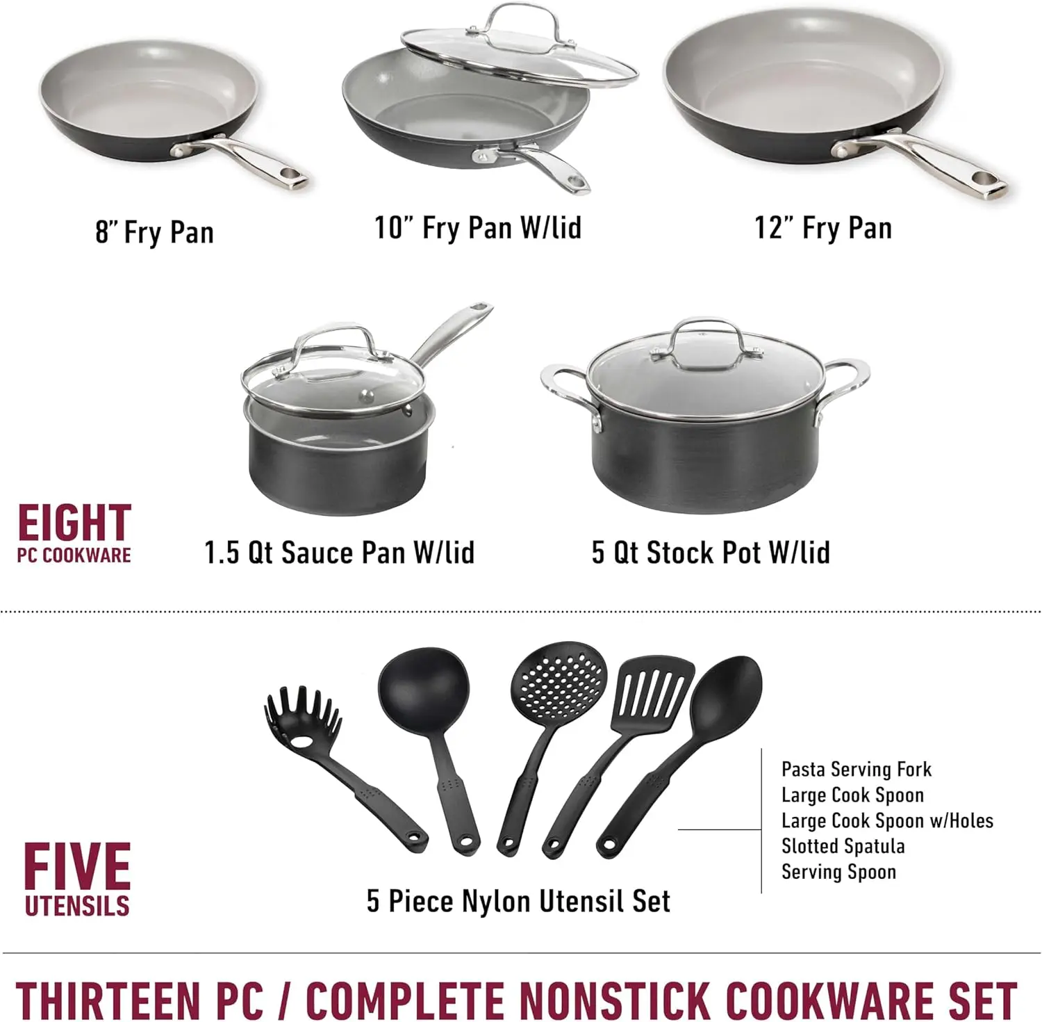 13 Pc Ceramic Pots and Pans Set Non Stick Cookware, Kitchen Cookware Sets, Pot and Pan Set, Hard Anodized Ceramic Cookware Set