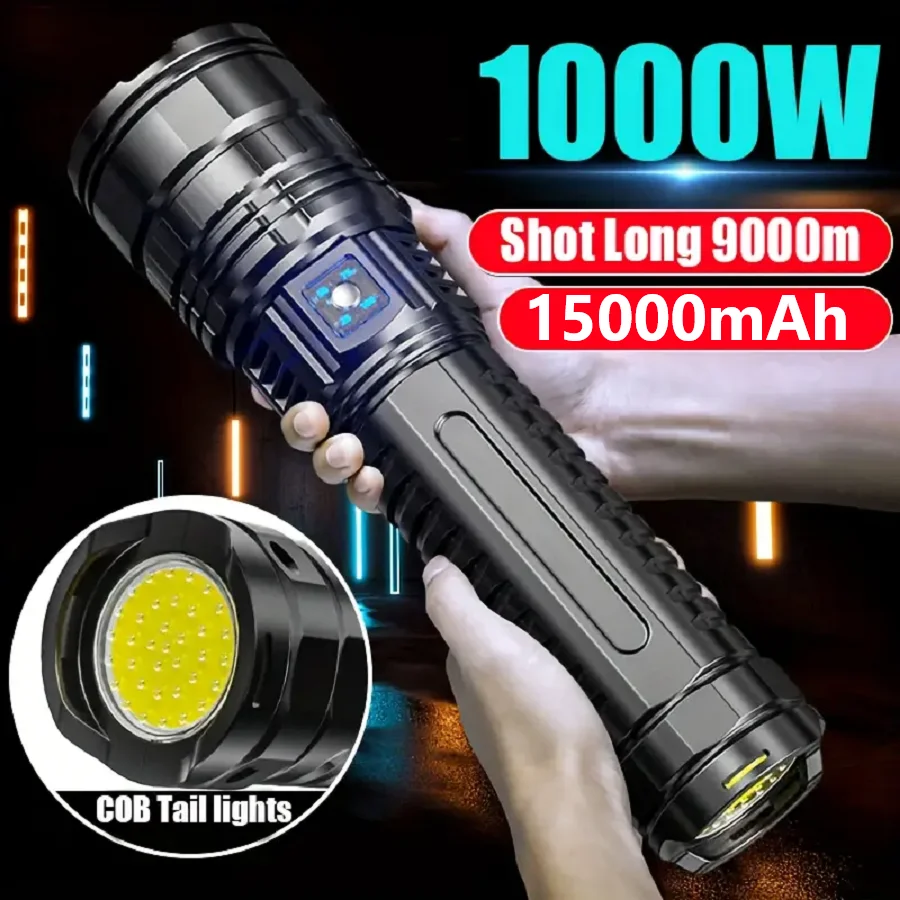 15000mAh High Power LED Flashlights 1000W LED Rechargeable Torch COB Light Type-C Powerful Tactical Flashlight Outdoor Lantern