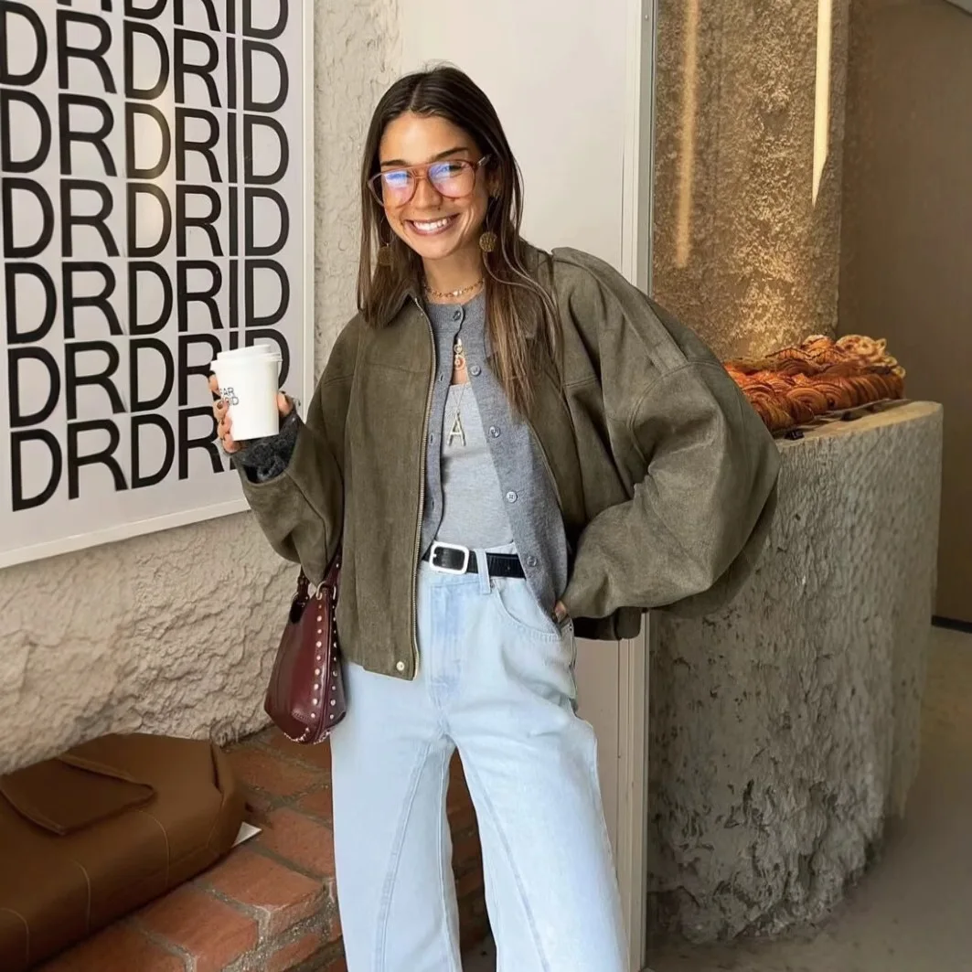 

YJKDYK Осеннее женское замшевое пальто с отложным воротником на молнии и рукавами-фонариками, верхняя одежда для женщин, свободный крой, уличные женские куртки-бомберы