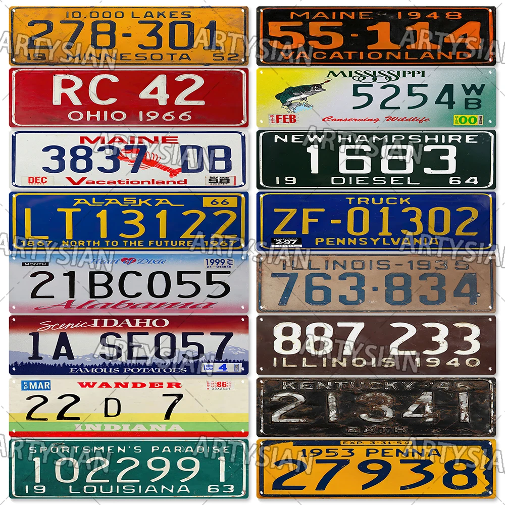 US State Vintage Metal Sign Truck Vehicle Trailer Tractor Car Number Plate Metal Tin Sign Wall Decor Iowa Illinois Virginia