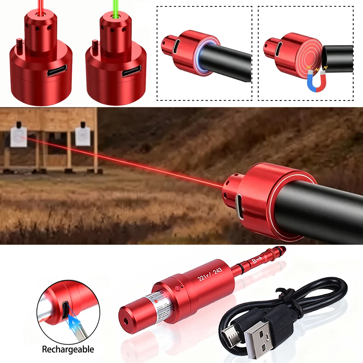 .17-12GA full caliber Magnetic Rechargeable Green Red Laser Bore Sight Red Dry Fire Training Cartridge Bullet Bore Sight 2 IN 1