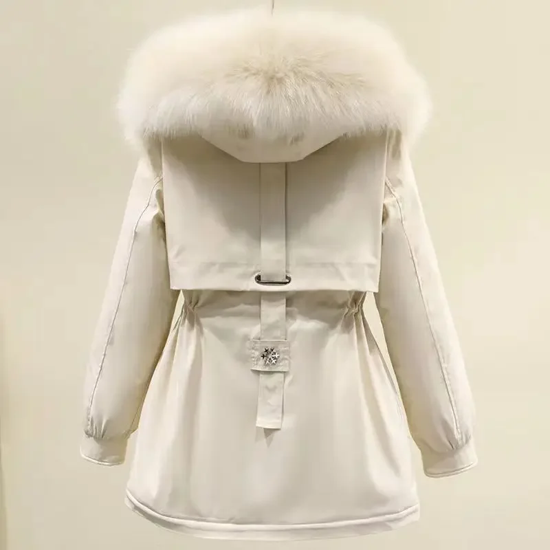 Autumn Winter 2023 Women Zipper Fur Collar Full Sleeve Mid Length Coats Solid Parkas Tight High Waist Casual Pockets Jackets