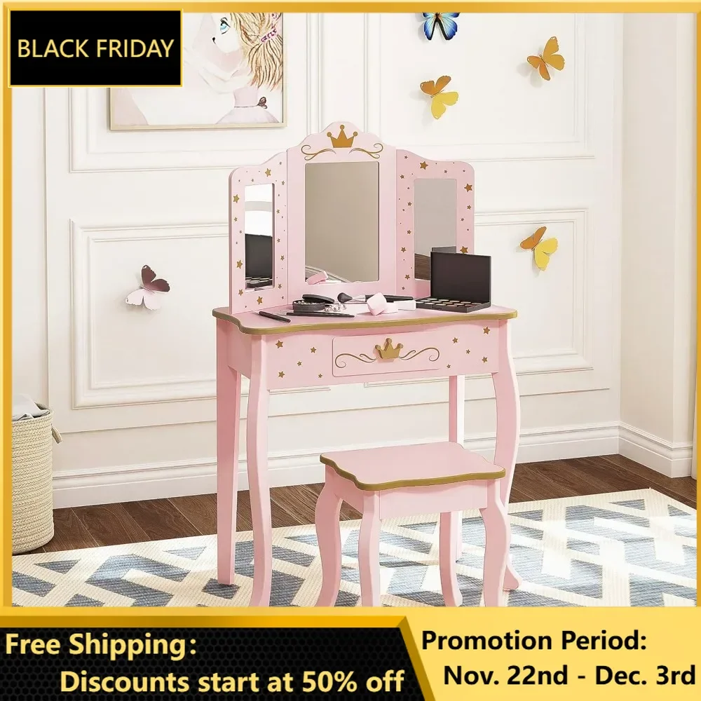 Kids Vanity Set, Mirror and Stool Kids Make Up Vanity Desk with Mirrror, Children Makeup Dressing Table with Drawer, Kids Vanity