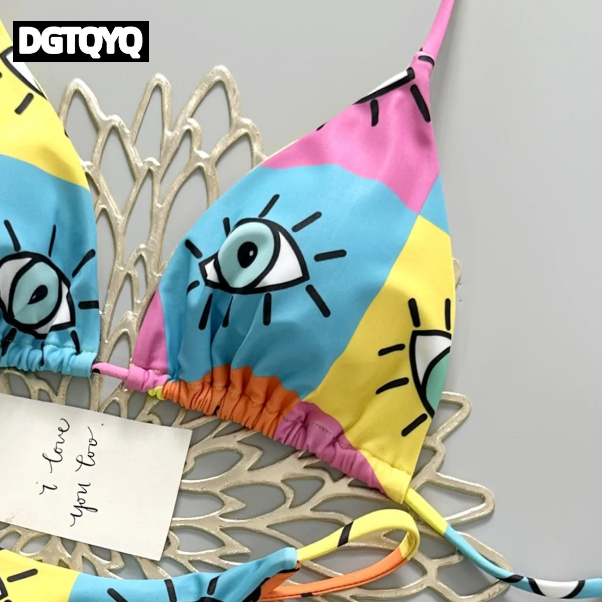 2026 New Color Block Eye Graffiti Ins Style Thong Split Bikinis Set for Women Holiday Swimsuit Biquine Brasileiro Beachwear