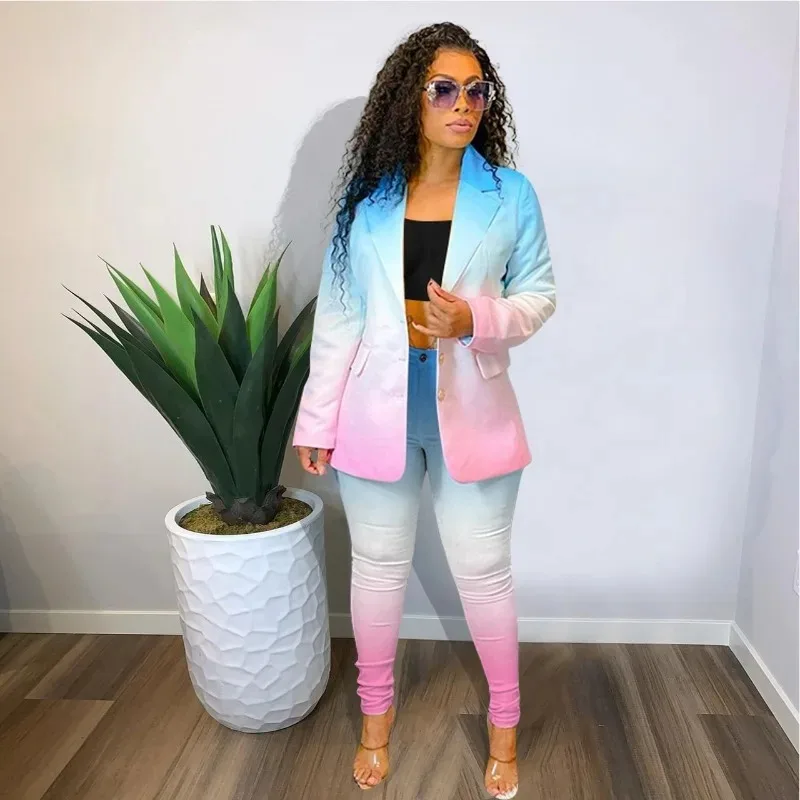 Blazer con spacco a contrasto sfumato da donna 2023 New Fashion Casual Office Tie Dye Slim Fit donna donna Blazer e giacche abbigliamento