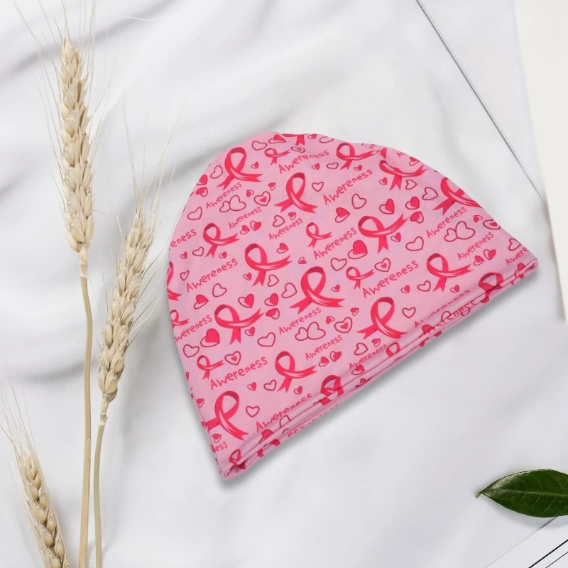 Breast Cancers Awareness Elastic Skull Hat Ribbon Printed Pattern Caps for Women