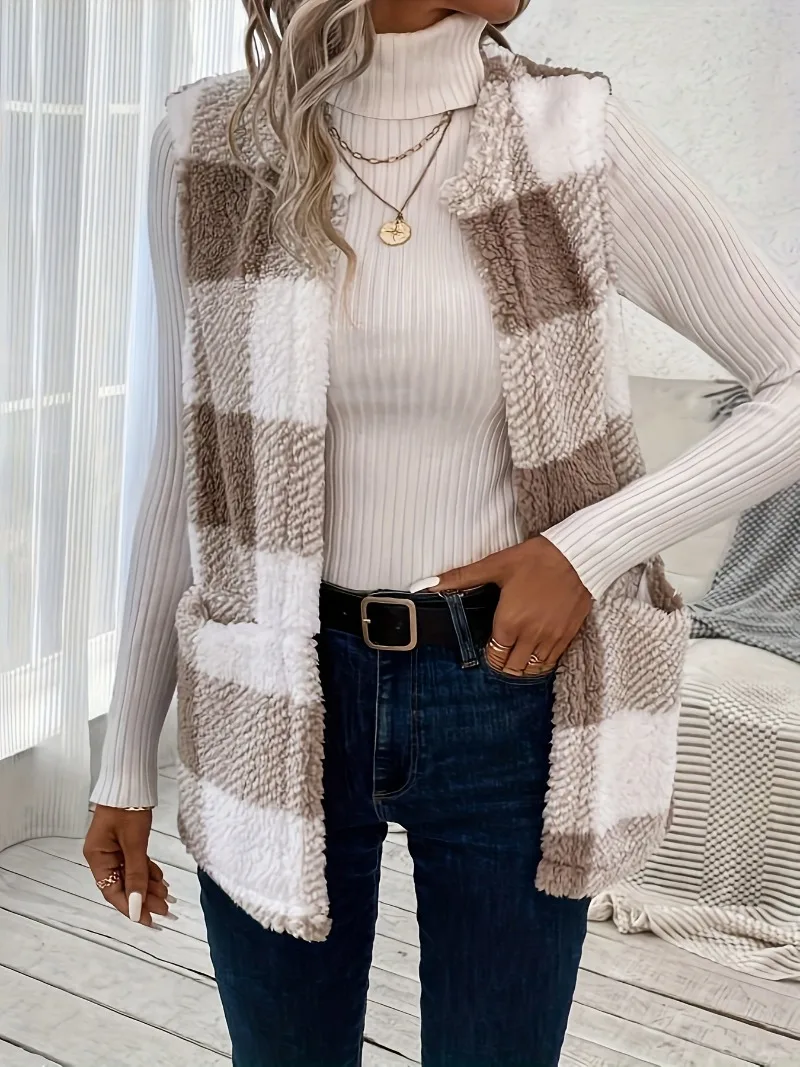 Plus Size 1XL-5XL Casual Jacket  Women\'s Plaid Print Teddy Fleece Open Front Round Neck Vest Jacket