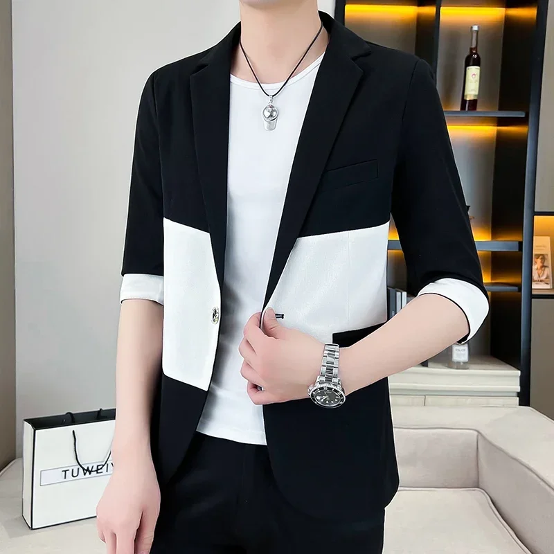 2023 High-quality Fashion Handsome Leisure Summer Trend Korean Version Slim Seven-point Mid-sleeve Suit Men's Thin Short Sleeves