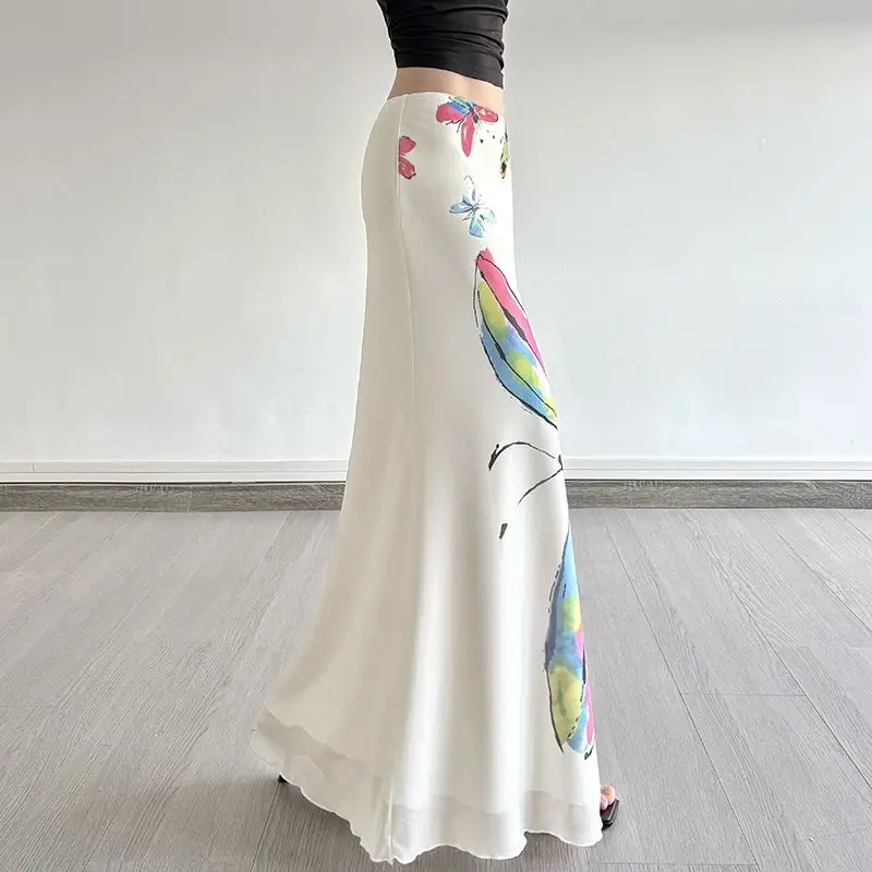 

Ezgaga Skirts Women Blooming Butterfly Printed Mesh Patchwork Slim Vintage Elegant Y2k Mermaid Skirt Ladies Casual Club