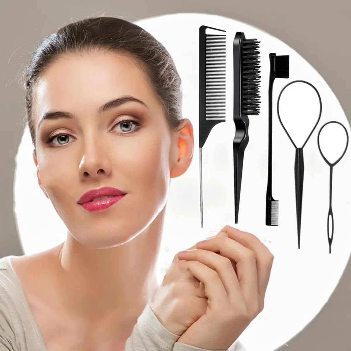 6 Piece Women Hair Braiding Tool Set with Continuous Spray Bottle Rat Tail Comb Edge Brush for Detangling Smoothing Pink view 5