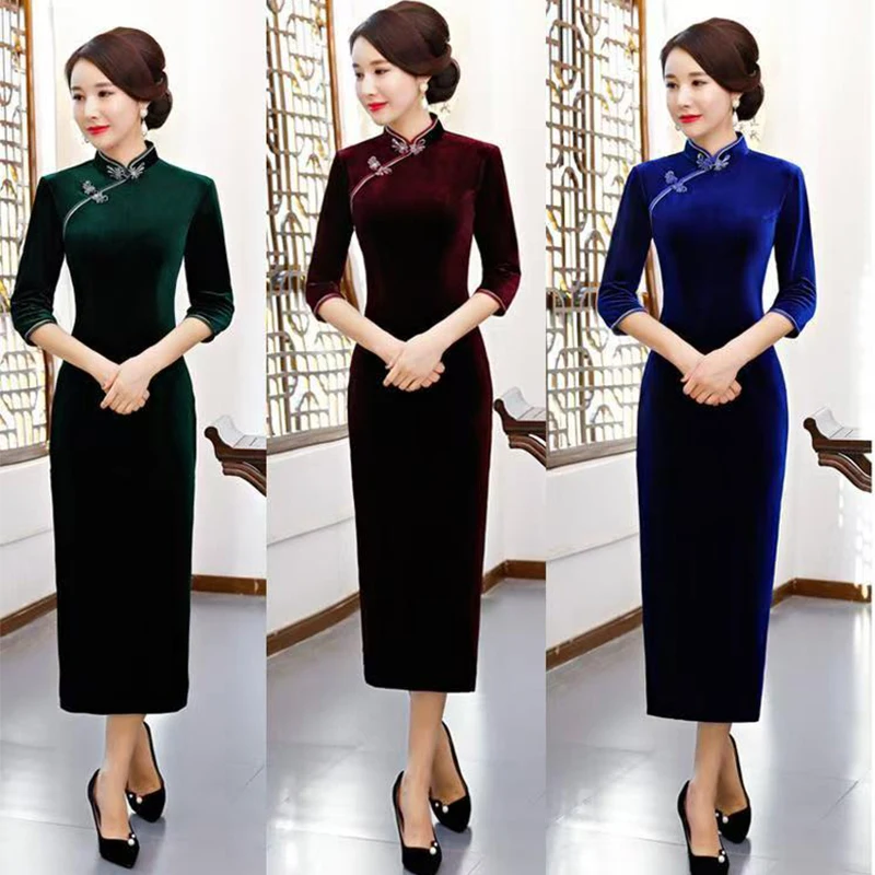 Sexy Pleuche Split Dress Velvet Modern Cheongsam For Mother Three-Quarter Sleeve Solid Color Long Bridal Guest Dress Party